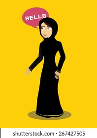 Cute Cartoon Illustration Of A Young Arab Lady With Chat Balloons In Khaliji Fashion. Gulf. Vector