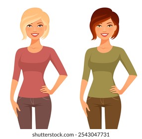 cute cartoon illustration of a young blonde or brunette woman in casual clothing, smiling. Isolated on white.