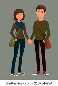 cute cartoon illustration of a young couple holding hands. Young man and woman in casual street fashion, girlfriend and boyfriend. Students or young adults.