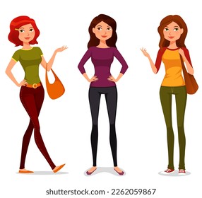 cute cartoon illustration of young girls in casual fashion, teenagers or students. Young women in jeans, smiling and gesturing. Isolated on white. Vector eps file.