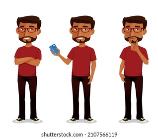 cute cartoon illustration of a young Indian man in casual outfit., holding a credit card, thinking or standing with his arms crossed. Handsome cartoon character.