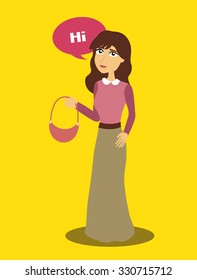 Cute cartoon illustration of a young lady with a purse ready for shopping