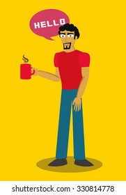 Cute cartoon illustration of a young man holding a mug
