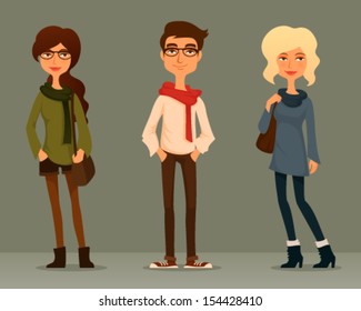 cute cartoon illustration of young people in casual street fashion, teenagers or students. Young women and man in jeans. Isolated on white.