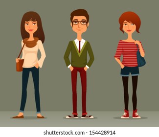 cute cartoon illustration of young people in casual street fashion, teenagers or students. Young women and man in jeans. Isolated on white.
