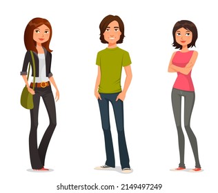 cute cartoon illustration of young people in casual street fashion, teenagers or students. Young women and man in jeans. Isolated on white.