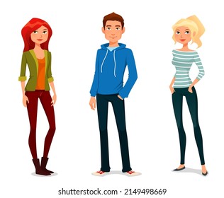 Cute Cartoon Illustration Of Young People In Casual Street Fashion, Teenagers Or Students. Young Women And Man In Jeans. Isolated On White.