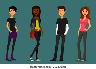 Cute Cartoon Illustration Of Young People In Casual Street Fashion, Teenagers Or Students. Young Women And Man In Jeans. Isolated On White.