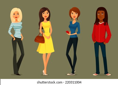 cute cartoon illustration of young people in casual street fashion, teenagers or students. Young women and man in jeans. Vector eps file.