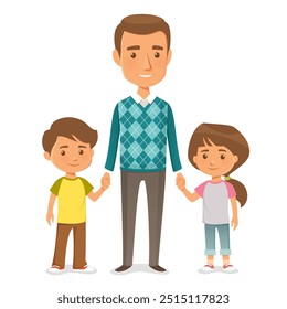 cute cartoon illustration of a young single father with two children. Happy kids and dad, smiling and holding hands. Cartoon character. Isolated on white.