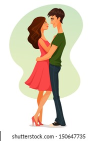 cute cartoon illustration of young woman and man in love, hugging