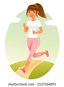 Cute Cartoon Illustration Of A Young Woman In Sport Outfit, Jogging. Healthy Lifestyle Concept. Simple Outdoor Background.