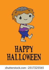 Cute cartoon illustration of a zombie with happy halloween message