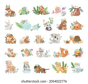Cute cartoon illustrations animals and their children  Vector collection mums   babies hugging each other 