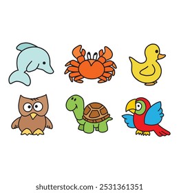 Cute cartoon illustrations of a dolphin, crab, duck, owl, turtle, and parrot, perfect for kids' designs, crafts, or educational content.