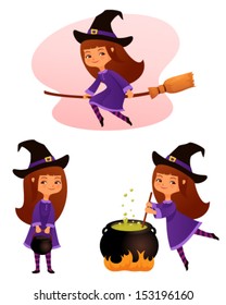 cute cartoon illustrations of a small witch girl suitable for Halloween holiday. Flying on broom, holding a small cauldron or brewing magic potion. Isolated on white. Vector eps file.