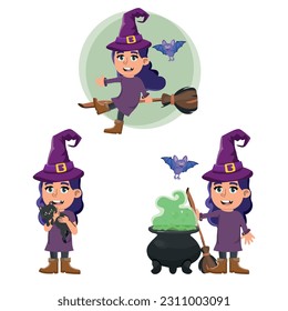 cute cartoon illustrations of a small witch girl suitable for Halloween holiday. Flying on broom, holding a small cauldron or brewing magic potion. Isolated on white. Vector eps file.