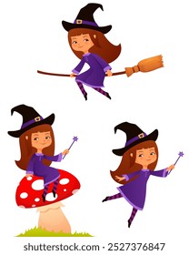 cute cartoon illustrations of a small witch girl flying on broom, sitting on a mushroom or waving her magic wand. Suitable for Halloween holiday themes for children. Isolated on white.