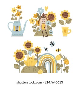 Cute cartoon illustrations with sunflowers, country houses, strawberries, rainbows and frogs.Set of vector illustrations for children's decor, postcards, books, textile products.