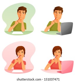 cute cartoon illustrations of a young man and woman thinking, writing a letter or working with laptop. Isolated on white. Vector eps file.