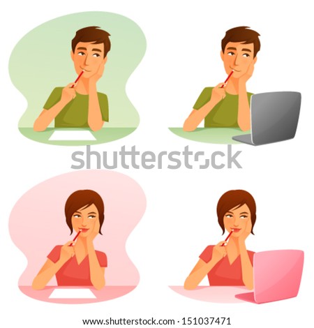 cute cartoon illustrations of a young man and woman thinking, writing a letter or working with laptop. Isolated on white. Vector eps file.