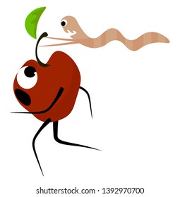 Cute cartoon image of an apple with eyes  legs  and hands that runs away from the worm that tries to catch it by the stalk   vector  color drawing or illustration
