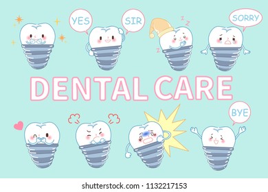 cute cartoon implant tooth on the breen background