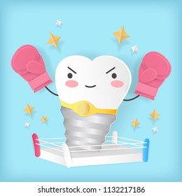 cute cartoon implat tooth on the blue background