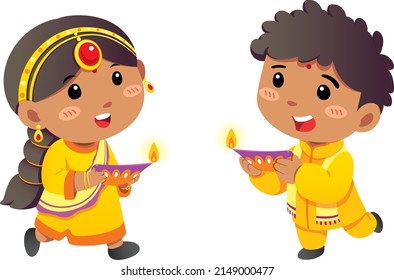 Cute Cartoon Indian Boy And Girl Holding Oil Lamp For Celebrating Diwali Or Deepavali, The Lights Festival In Vector Design.