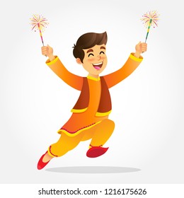 Cute cartoon indian boy in traditional clothes jumping and playing with firecracker celebrating  the festival of lights Diwali or Deepavali isolated on white background