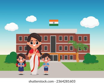 Cute cartoon indian kid student and teacher doing namaste and greeting. Back to school india.