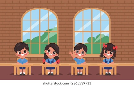 Cute cartoon indian kid student cheerful happy back to school background. Student study at desk in the classroom.