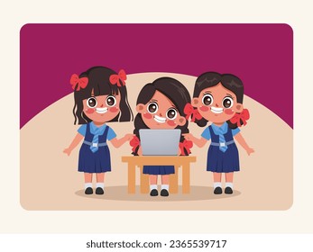 Cute cartoon indian kid student cheerful happy back to school background. Group of Girls using laptop to learning online.