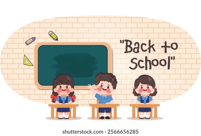 Cute cartoon indian kid student cheerful happy back to school background. Student study at desk in the classroom.