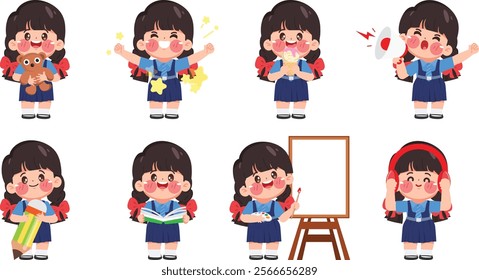 Cute cartoon indian kid student study and learning pose set. Illustration vector premium.