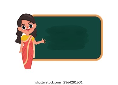 Cute cartoon indian teacher teaching in the classroom. Back to school india.