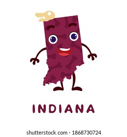 Cute cartoon Indiana state character clipart. Illustrated map of state of Indiana of USA with state name. Funny character design for kids game, sticker, cards, poster. Vector stock illustration.