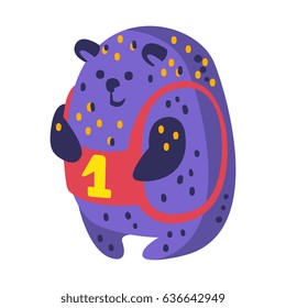 Cute cartoon indigo blue teddy bear with number one sitting. Funny lovely animal colorful character vector Illustration