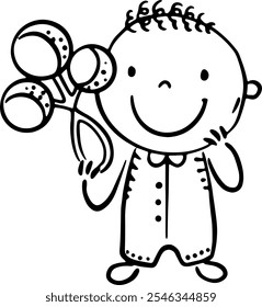 Cute cartoon infant playing with toy, baby holding a rattle. Black and white vector illustration