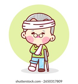 Desenho animado de um idoso ferido usando uma muleta, com bandagens na cabeça, braço e perna.