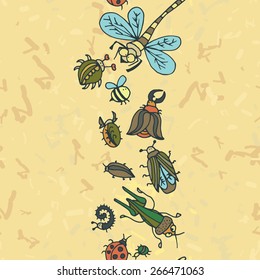 Cute cartoon insect border pattern. Summer concept. Colorful vector background with doodle beetles