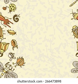 Cute cartoon insect border pattern. Summer concept. Colorful vector background with doodle beetles