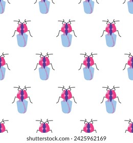 Cute cartoon insect characters seamless pattern. Funny happy small bugs, caterpillars, grasshoppers, beetles, worms, bees and ants. Flat modern vector illustrations isolated on white background