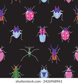 Cute cartoon insect characters seamless pattern. Funny happy small bugs, caterpillars, grasshoppers, beetles, worms, bees and ants. Flat modern vector illustrations isolated on black background