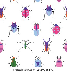 Cute cartoon insect characters seamless pattern. Funny happy small bugs, caterpillars, grasshoppers, beetles, worms, bees and ants. Flat modern vector illustrations isolated on white background