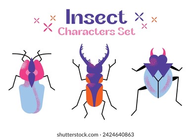 Cute cartoon insect characters set. Funny happy small bugs, caterpillars, grasshoppers, beetles, worms, bees and ants. Flat modern vector illustrations isolated on white background