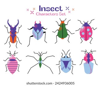 Cute cartoon insect characters set. Funny happy small bugs, caterpillars, grasshoppers, beetles, worms, bees and ants. Flat modern vector illustrations isolated on white background