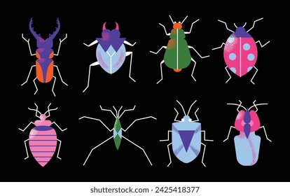 Cute cartoon insect characters set. Funny happy small bugs, caterpillars, grasshoppers, beetles, worms, bees and ants. Flat modern vector illustrations isolated on black background