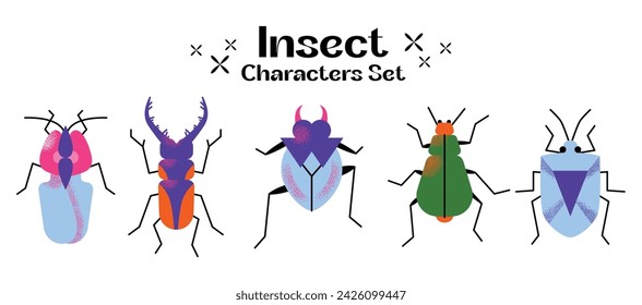 Cute cartoon insect characters set. Funny happy small bugs, caterpillars, grasshoppers, beetles, worms, bees and ants. Flat modern vector illustrations isolated on white background