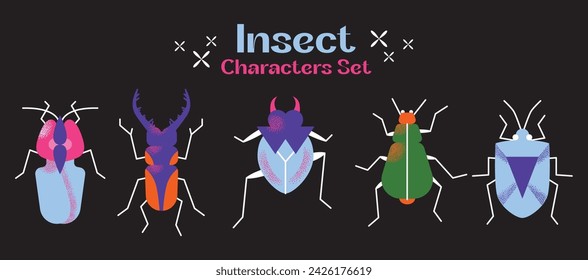 Cute cartoon insect characters set. Funny happy small bugs, caterpillars, grasshoppers, beetles, worms, bees and ants. Flat modern vector illustrations isolated on black background